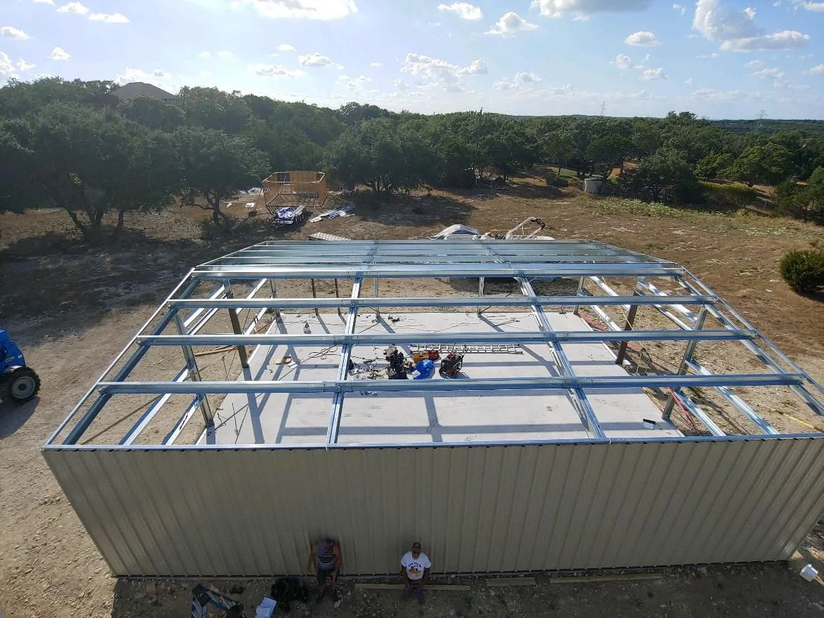 Metal building structure during construction
